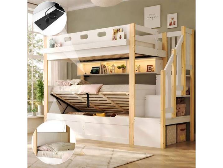 Lit Superposé Enfant 90x200 avec LED et USB et Hydraulique Lit Mezzanine avec Escalier Rangement et Tete Lit Enfant en Bois