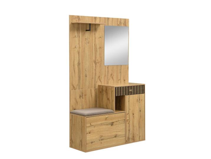 Modfu Schuhschrank aus MDF 110x37x185.5cm in Natur mit Spiegel, Naturfarben, 110x185.5x37 cm, Garderobe, Schuhaufbewahrung, Schuhkipper