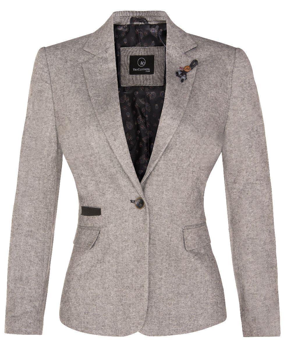 Hellgrauer Tweed-Blazer im Fischgrätmuster der 1920er-Jahre für Damen