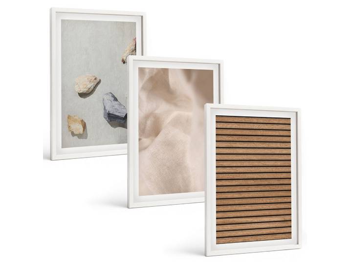 BILDER SET 3er Set - 40x60 cm Weißer Rahmen - Steine, Holz, Stofftexturen