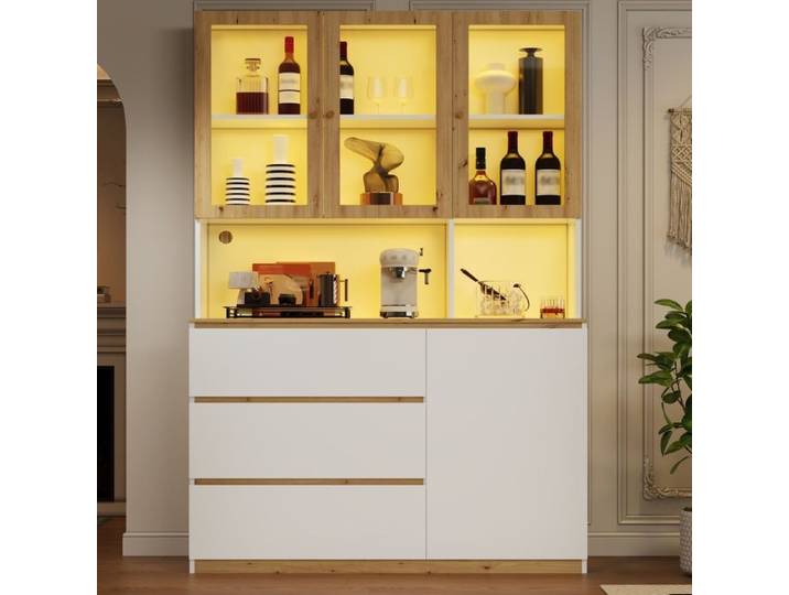 Vitrine / armoire haute avec éclairage LED – 120 × 200 cm avec plan de travail allongé vitrine en verre bibliothèque blanc et chêne