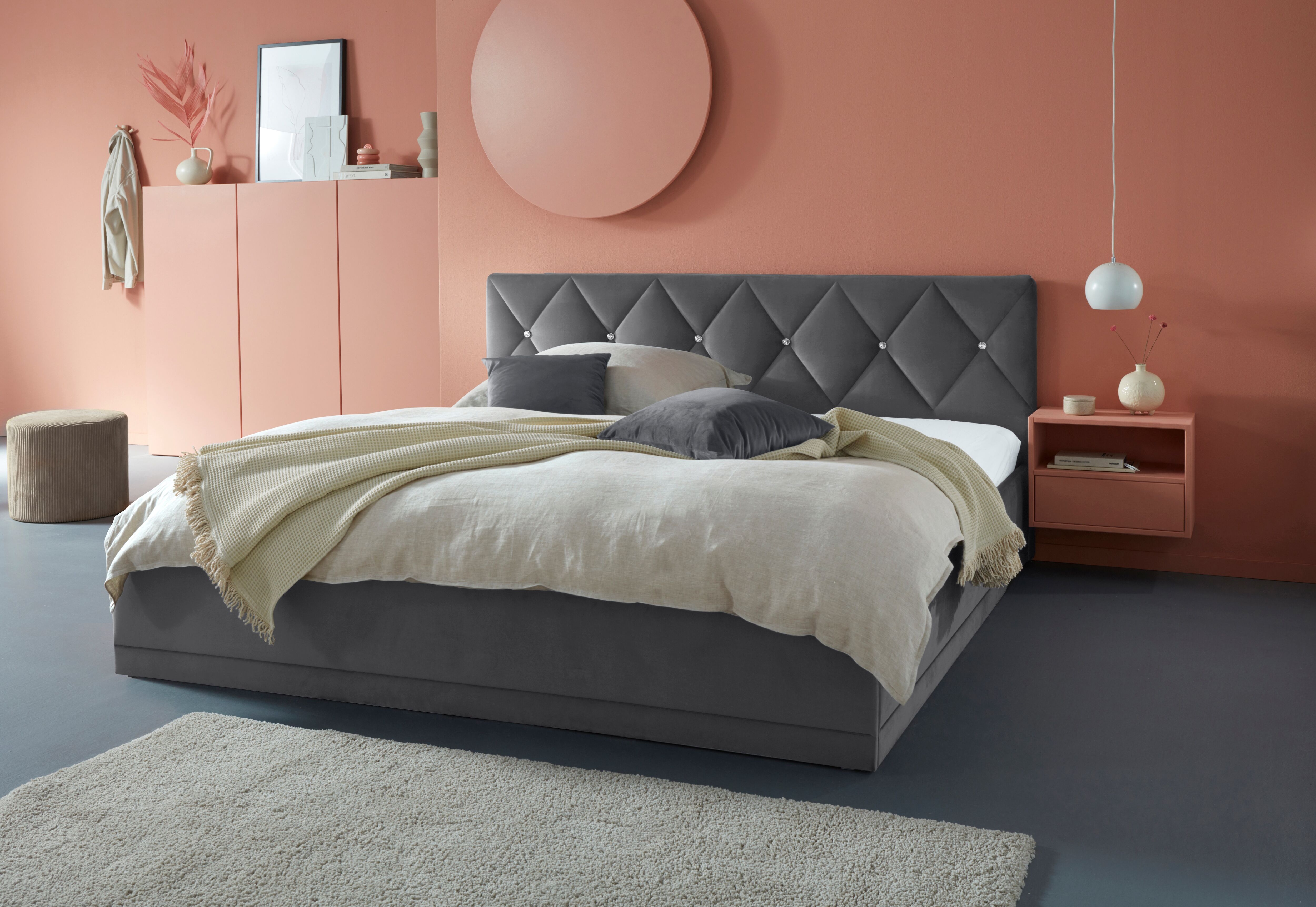Polsterbett "Adamas", grau (anthrazit), L:210cm, Bezug: 100% Polyester, Polsterung: Polsterwatte, Material Gestell: gepolsterter Holzwerkstoff, WESTFALIA SCHLAFKOMFORT, Betten, Polsterbett, auch mit Bettkasten, Knopfheftung mit Strasssteinen anthrazit Lie