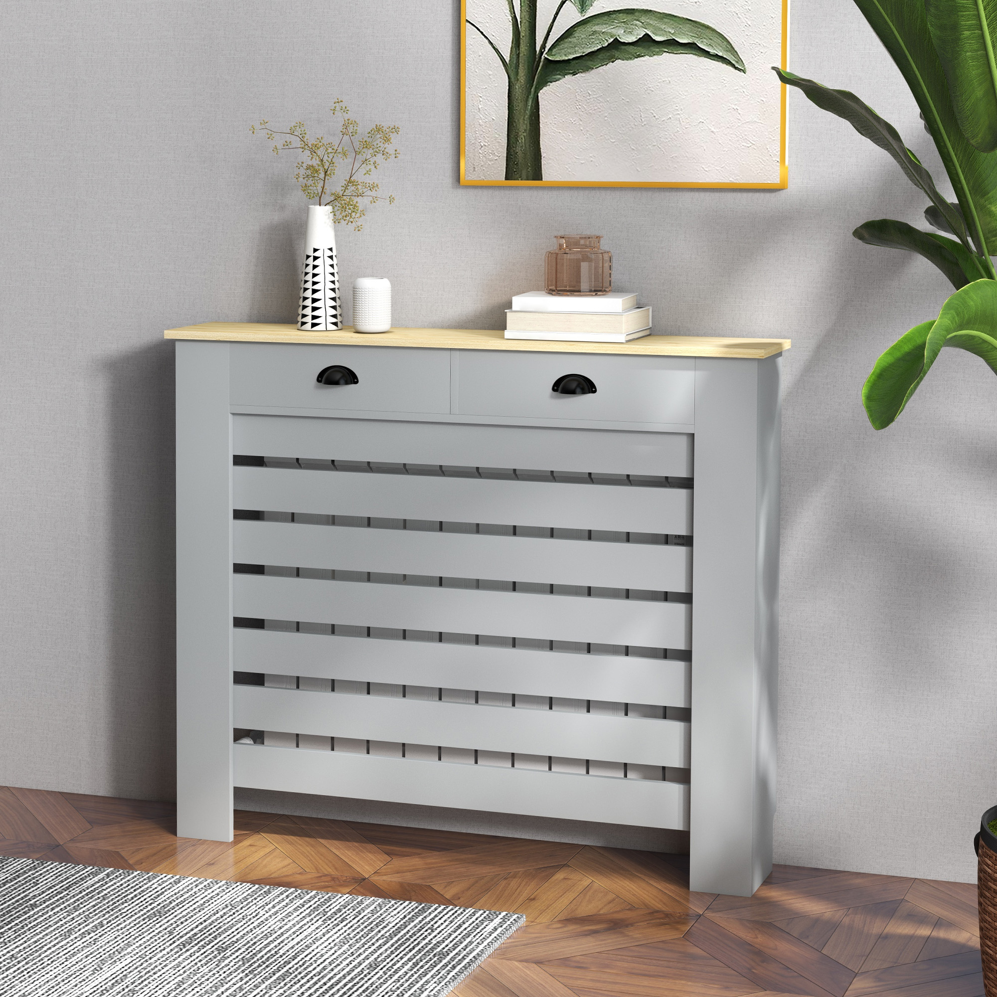 Homcom Copritermosifone in MDF a Doghe, Copricalorifero a Griglia con 2 Cassetti, 111x19x95.5 cm, Grigio   Aosom Italy