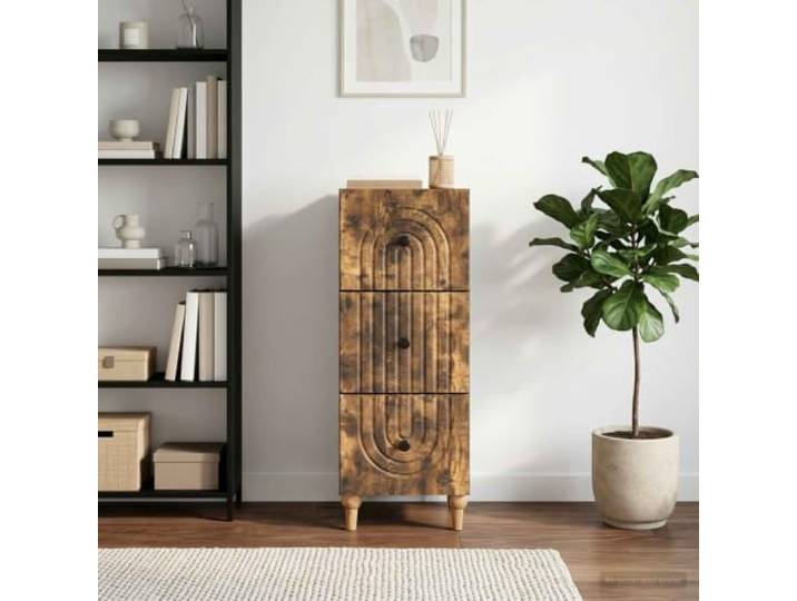 HPUYRFG Schubladenschrank aus Holzwerkstoff in Räuchereiche mit Schubladen Vintage-Design, Holzwerkstoff, Räuchereiche, konische Beine, Metallknöpfe, pflegeleichte Oberfläche