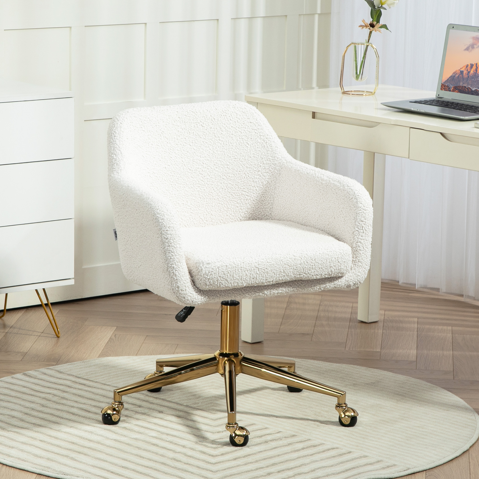 Homcom Sedia da ufficio sedia girevole con ruote altezza regolabile seduta girevole a 360° 60 x 61 x 79-88 cm crema