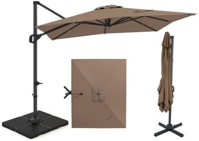 Costway 11 x 9 FT Aluminum Pole Outdoor Offset Hanging Umbrella with 220 LBS Base-Brown