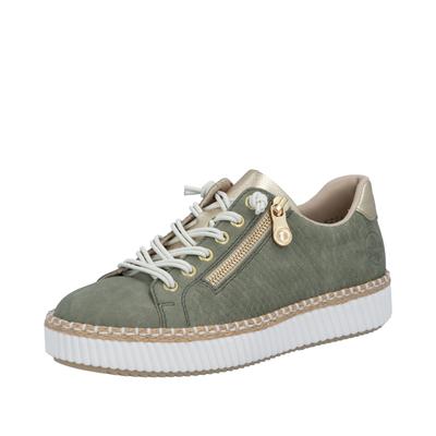 Sneaker RIEKER, Damen, Gr. 38, Textil, grün (schilf), Lederimitat, Schuhe Sneaker, mit modischer Ziernaht, Freizeitschuh, Halbschuh, Schnürschuh