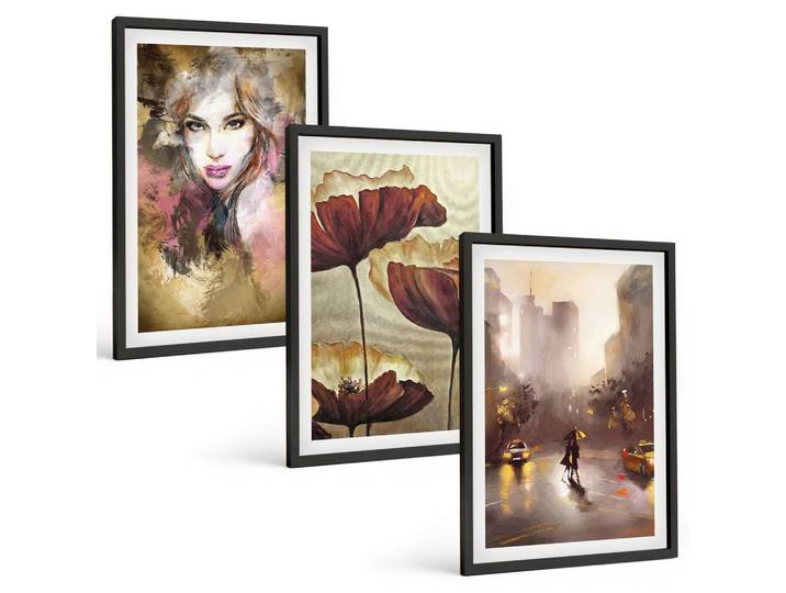 BILDER SET 3er Set - 40x60 cm Schwarzer Rahmen - Abstraktes Porträt einer Frau mit Blumen und Regen