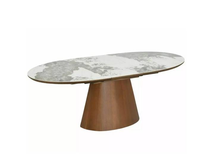 Table ovale extensible en céramique marbre et pied bois 160 200cm