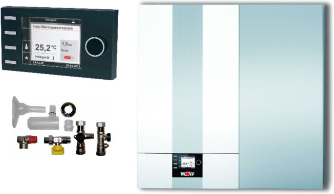 Wolf CGW-2-14/100 14kW Gasbrennwert-Zentrale Paket mit Schichtenspeicher, Bedienmodul BM2, Anschlusszubehör Aufputz