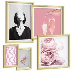 BILDER SET 5er Set - 50x50 cm & 20x30 cm & 40x60 cm Goldrahmen - Stilvolles Porträt mit Champagner