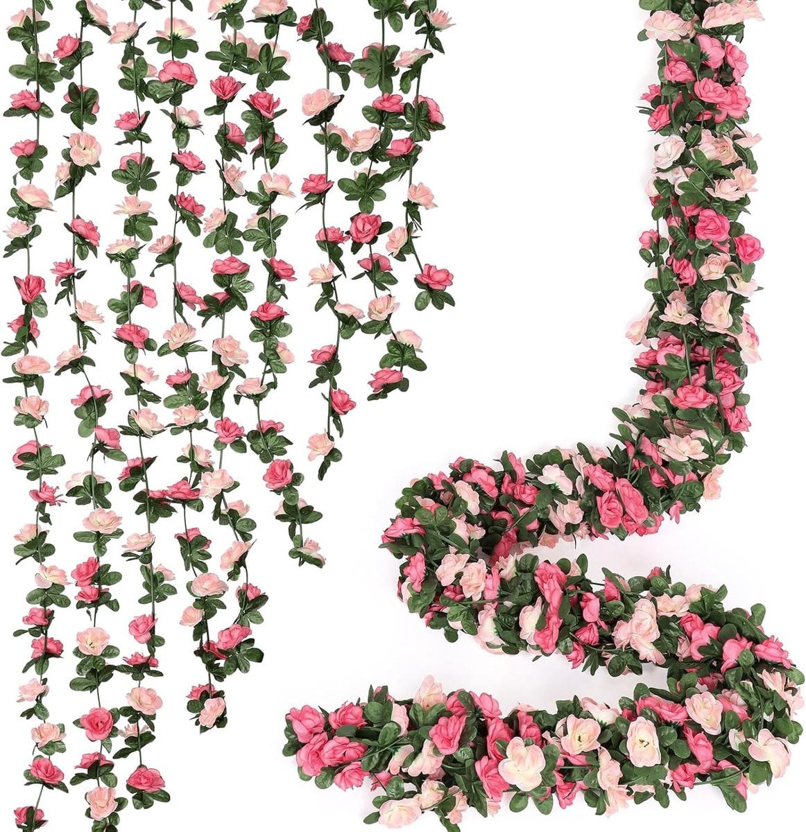 SnelShoppen Set van 9 Kunstrozen Klimplanten met Groene Bladeren, Roze, 20 cm