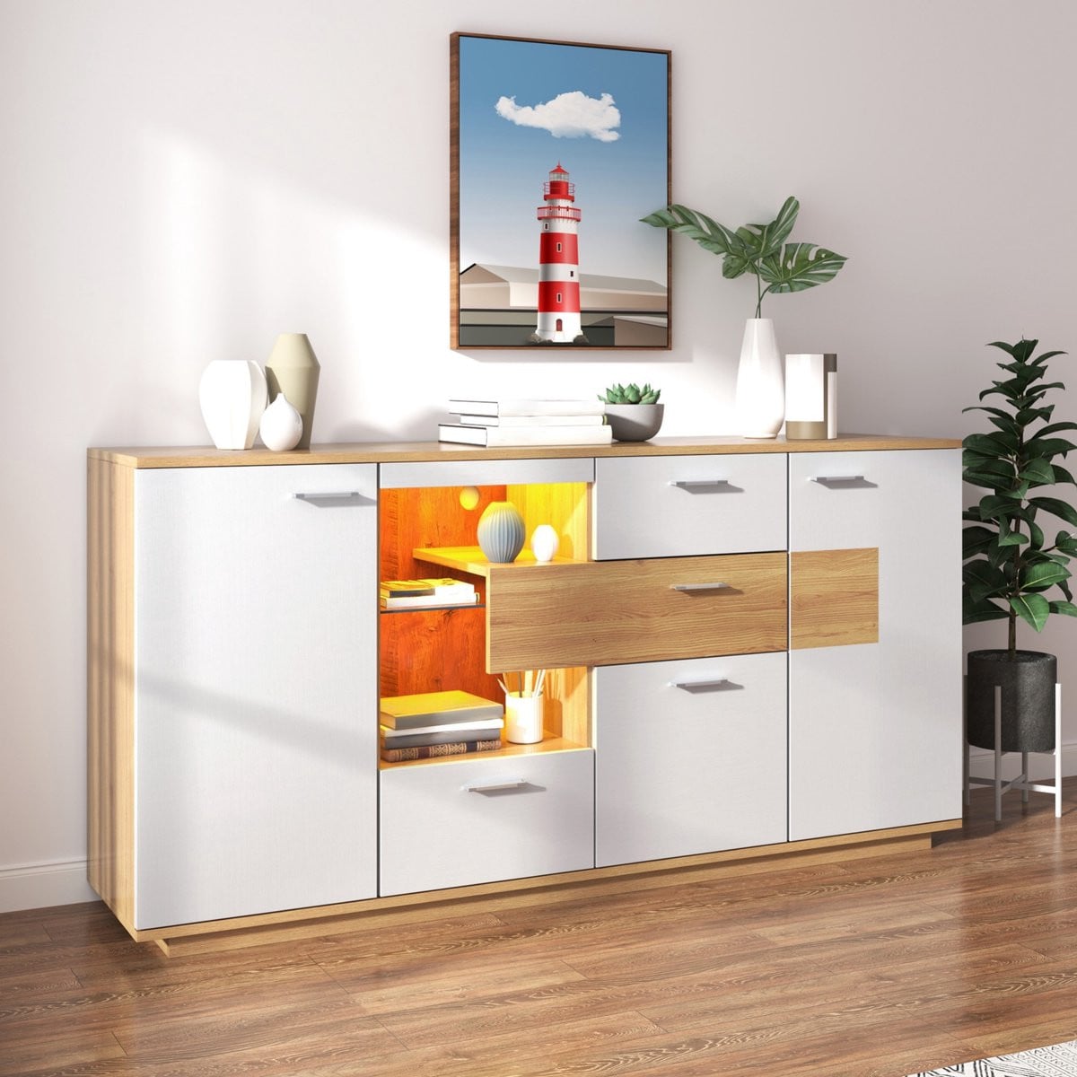 Sweiko Dressoir met LED-verlichting, 2 deuren en 4 laden, Wit