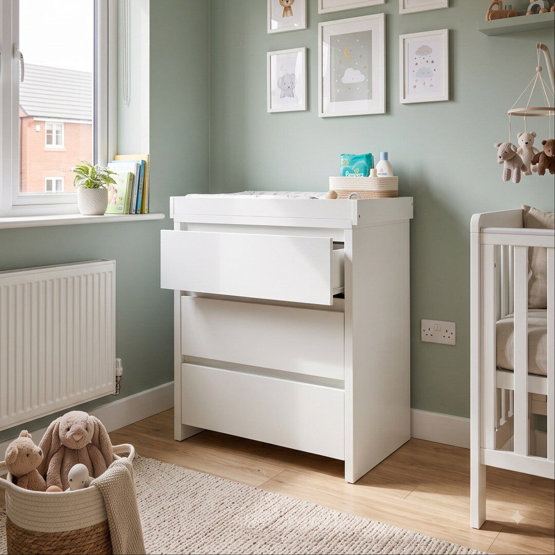 Isabelle & Max 3-Drawer Baby Changing Table with Raised Changing Top White 92cm H X 80cm W X 50cm D