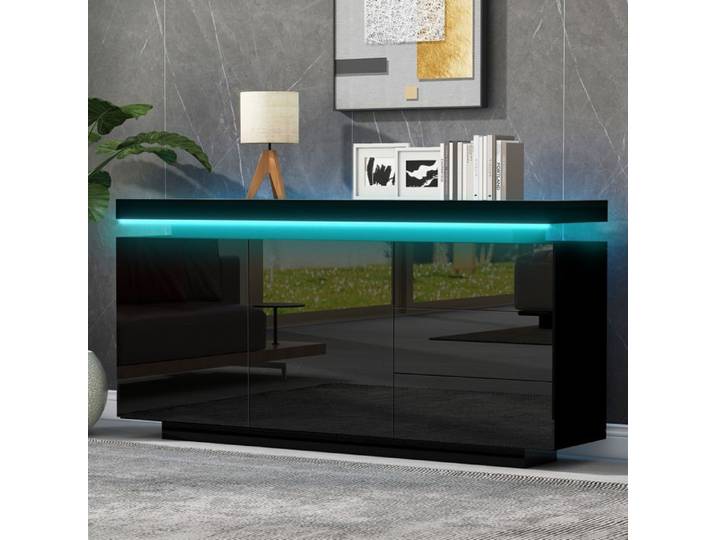 Buffet moderne avec LED - Finition brillante - Lumières LED intégrées - Dimensions 140x35x72.5 cm - 2 portes 3 tiroirs