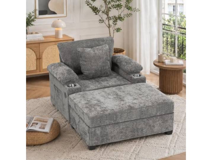 RAPRAP Sofa Sessel mit Hocker, Getränkehalter und USB-Ladefunktion Liegesessel 90°-Neigung, Getränkehalter, Staufach, Schlaffunktion, ergonomisch, für Wohnzimmer und Büro