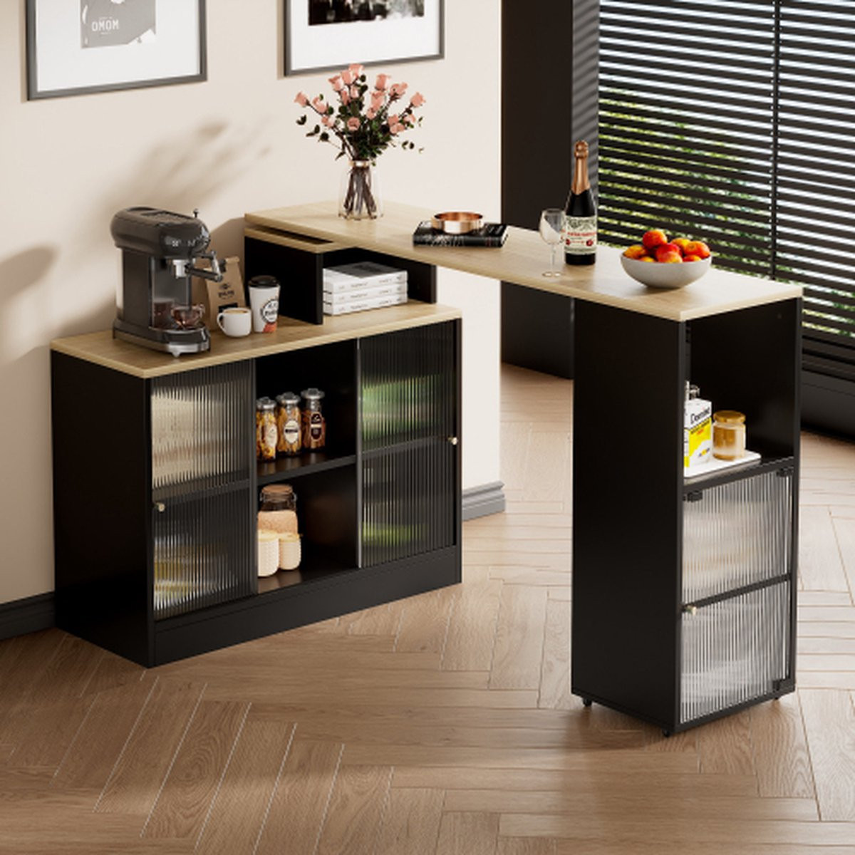 Moderne uitschuifbare bartafel met opbergruimte en zwenkwielen, zwart en goud, MDF en metaal