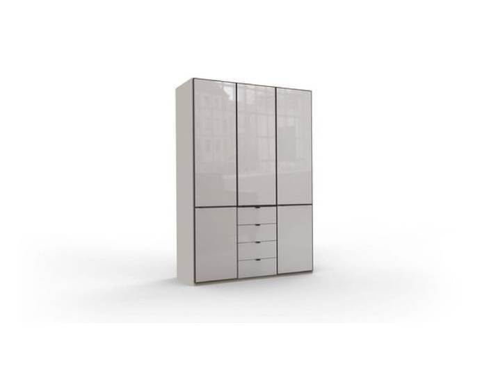 Drehtüren-Kleiderschrank Loyd mit Glasfront und Schubladen Schubkasten H:216cm/B:150cm/T:58cm Hellgrau Soft-Close modern