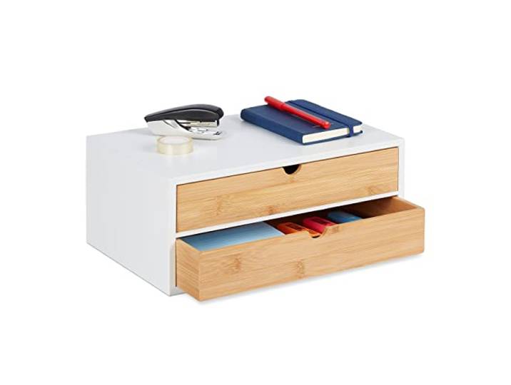 Relaxdays Boîte à tiroirs\, Bambou et MDF\, Mini-Commode 2 Compartiments\, HxLxP : 14x33x21 cm\, Organiseur\, Nature/Blanc