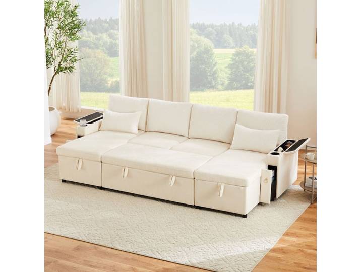 Canapé d angle convertible 272x131 cm - FloraGrace avec rangement et porte gobelets coussins inclus - Beige