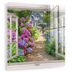 ACRYLGLASBILD Hortensie - Durchsichtig - Blumen - Sommer - Lila - Weg 90x90 cm