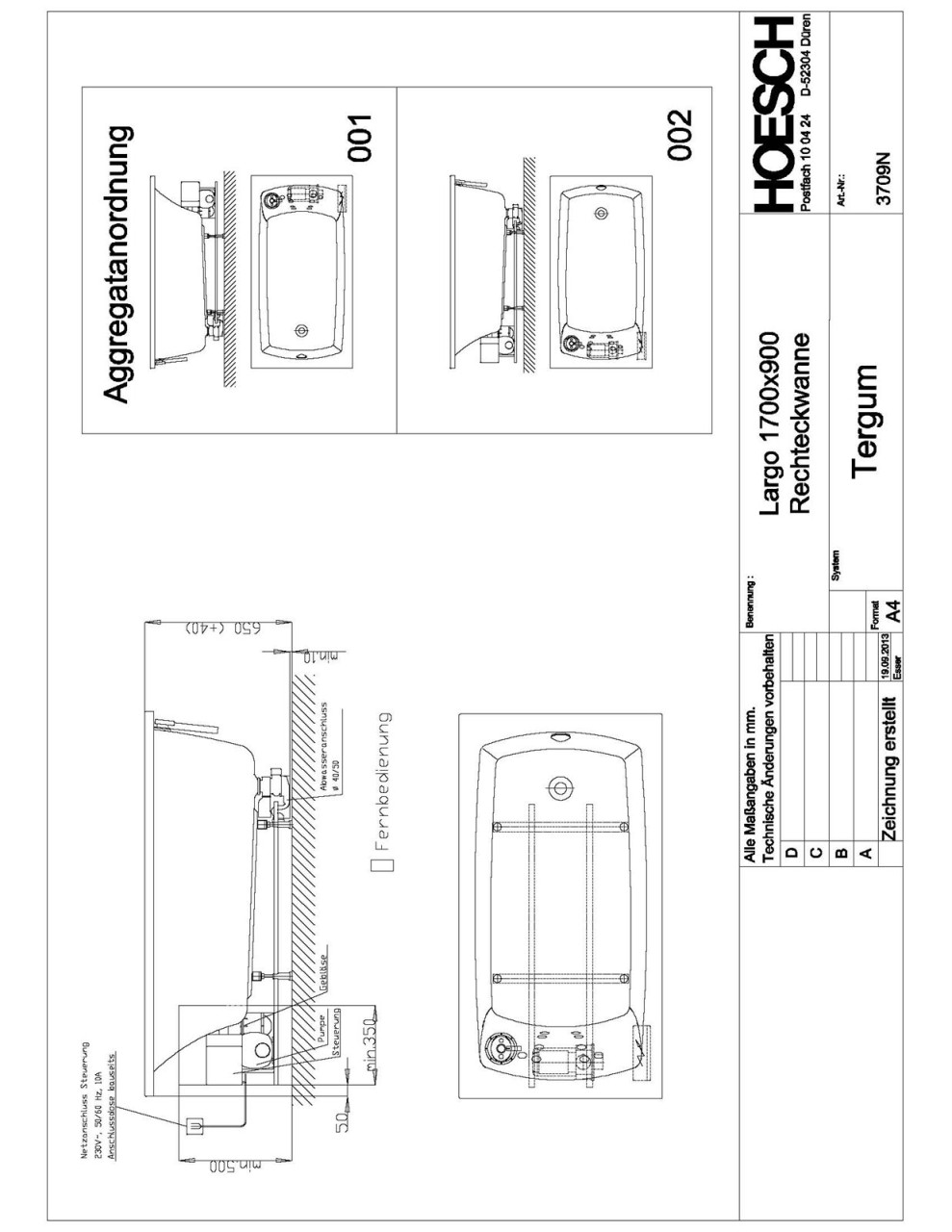 Hoesch Whirlwanne Largo Rechteck 1700x900 3709N.010305002