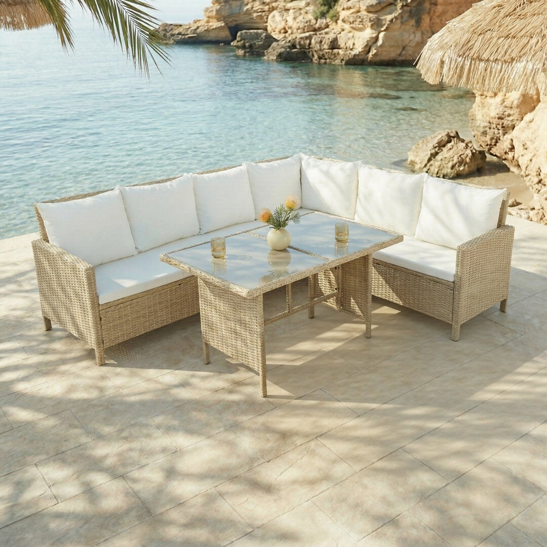 Ebern Designs Alia Outdoor Rattan Corner Sofa And Table Set Beige/Natural 6