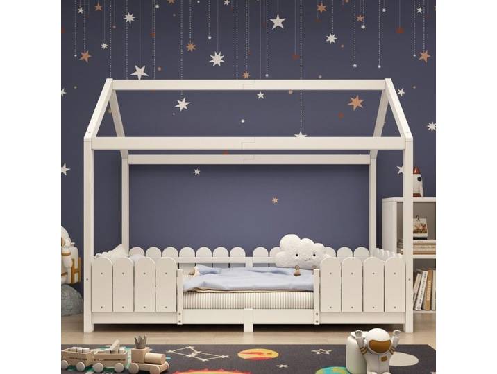 Lit maison enfant - PAGE Living - 90x200 cm - Bois massif blanc - Barrière anti-chute sommier 15 lattes