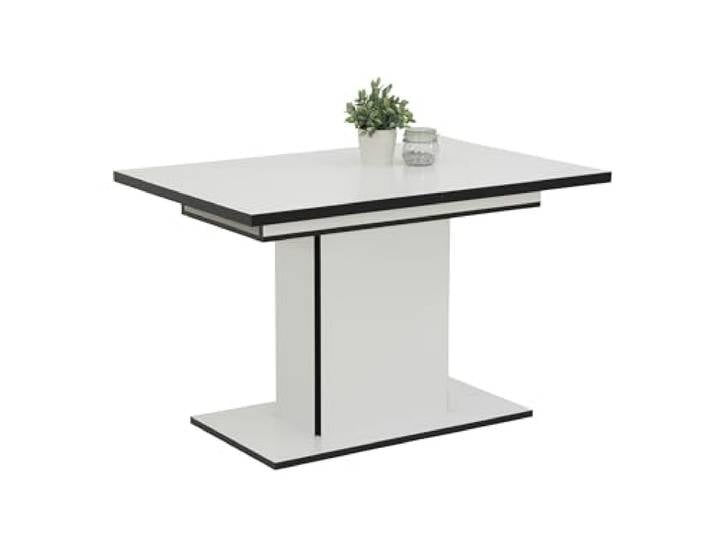 Hela Tische, Esstisch Säulentisch Ariana, Dekor Weiß melaminbeschichtet Kanten Schwarz, ausziehbar, Maß 120-160x80cm