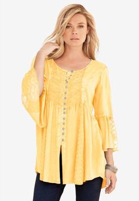 Plus Size Women's Taylor Acid Wash Big Shirt by Roaman's in Banana (Size 16 W)