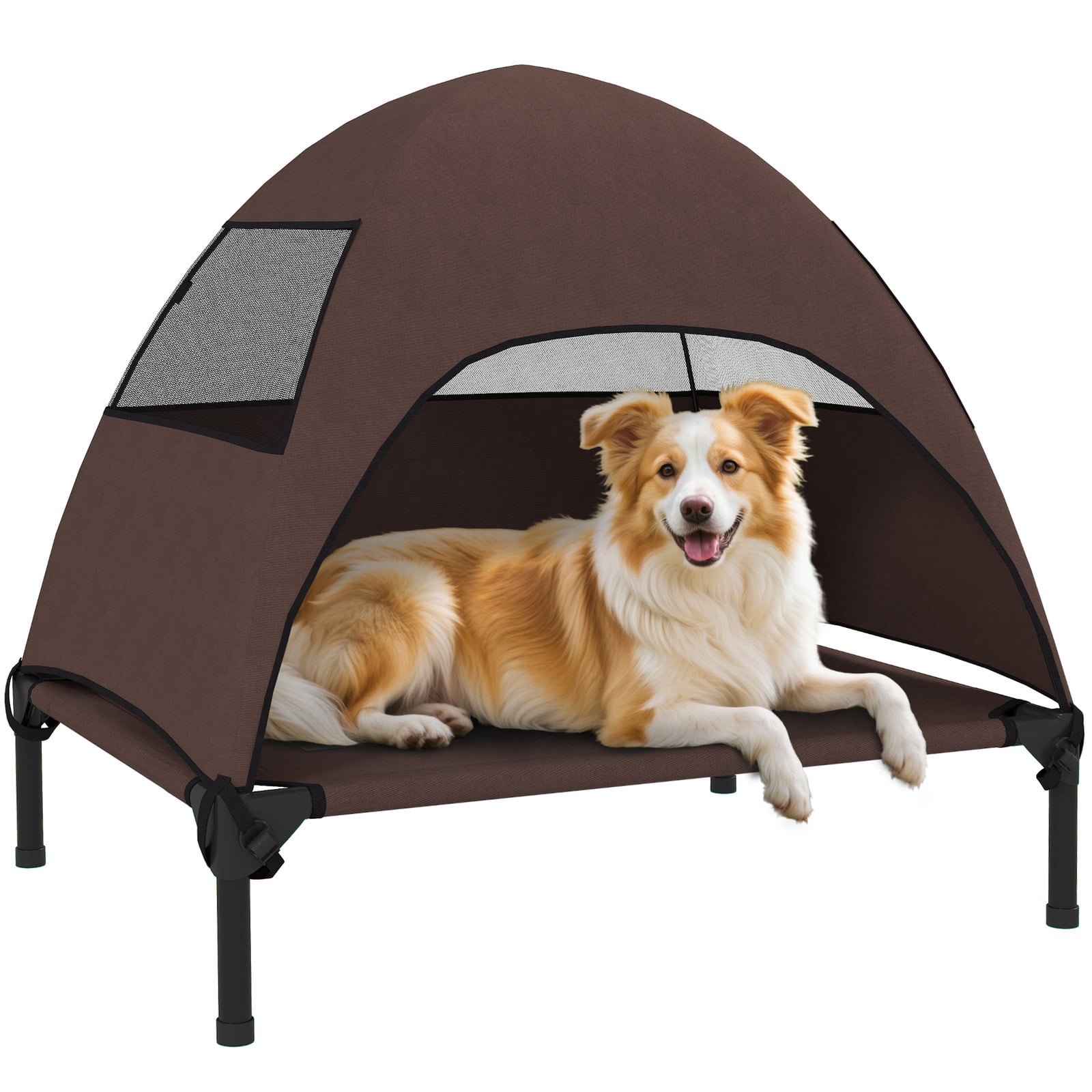 PawHut verhoogd hondenbed met verwijderbaar dak en opbergtas, Koffie, B/D/H: 76 x 61 x 71 cm
