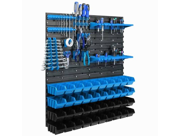 Étagère murale - BOTLE - 77 x 78 cm - 40 pcs Boîtes Bleues et Noires - Porte-outils inclus - Plastique robuste