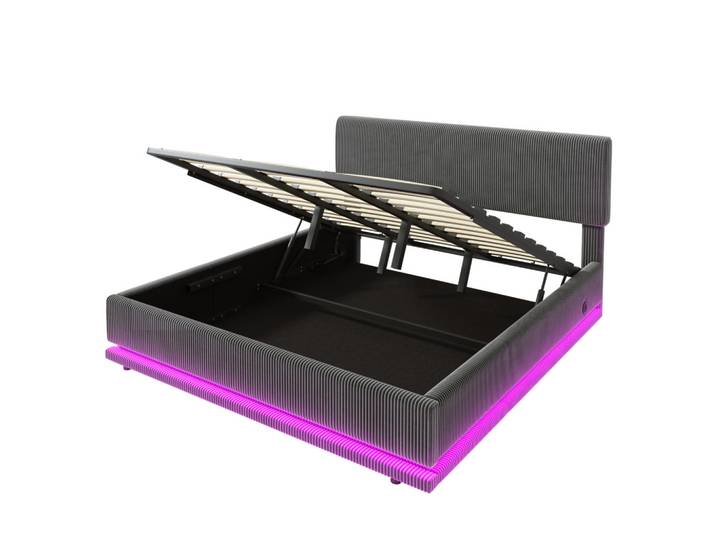 Lvhom Polsterbett Doppelbett 180x200cm mit Bettkasten und Lattenrost, Stauraumbett mit LED und Usb-C, Dunkelgrau, Metall, Holz, 180x200 cm, Schlafzimmer, Betten, Polsterbetten