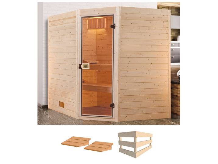 Sauna WEKA Valida Eck 3 , beige (natur), ohne Ofen, (ohne Ofen), Saunen, Sauna, ohne Ofen