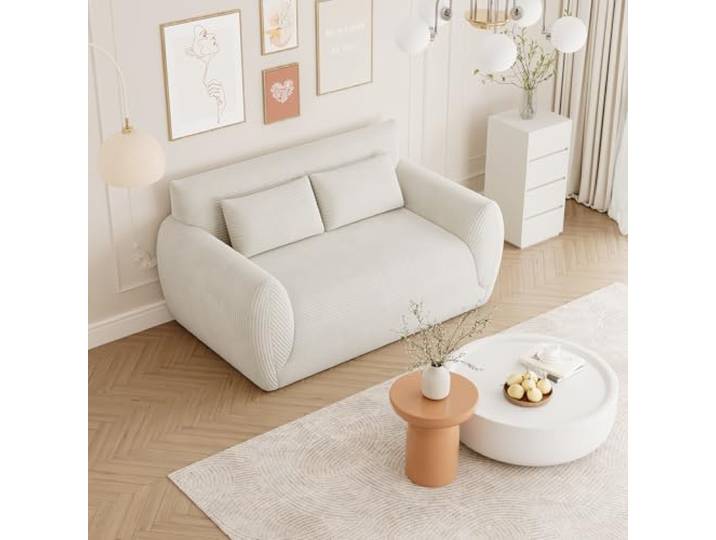 Vesgantti Cord 2 Sitzer Sofa, Montagefrei, 160 cm lang, Compressed Sofa mit 2 Stützkissen für Wohnzimmer, Schlafzimmer (Creme, Zweisitzer)
