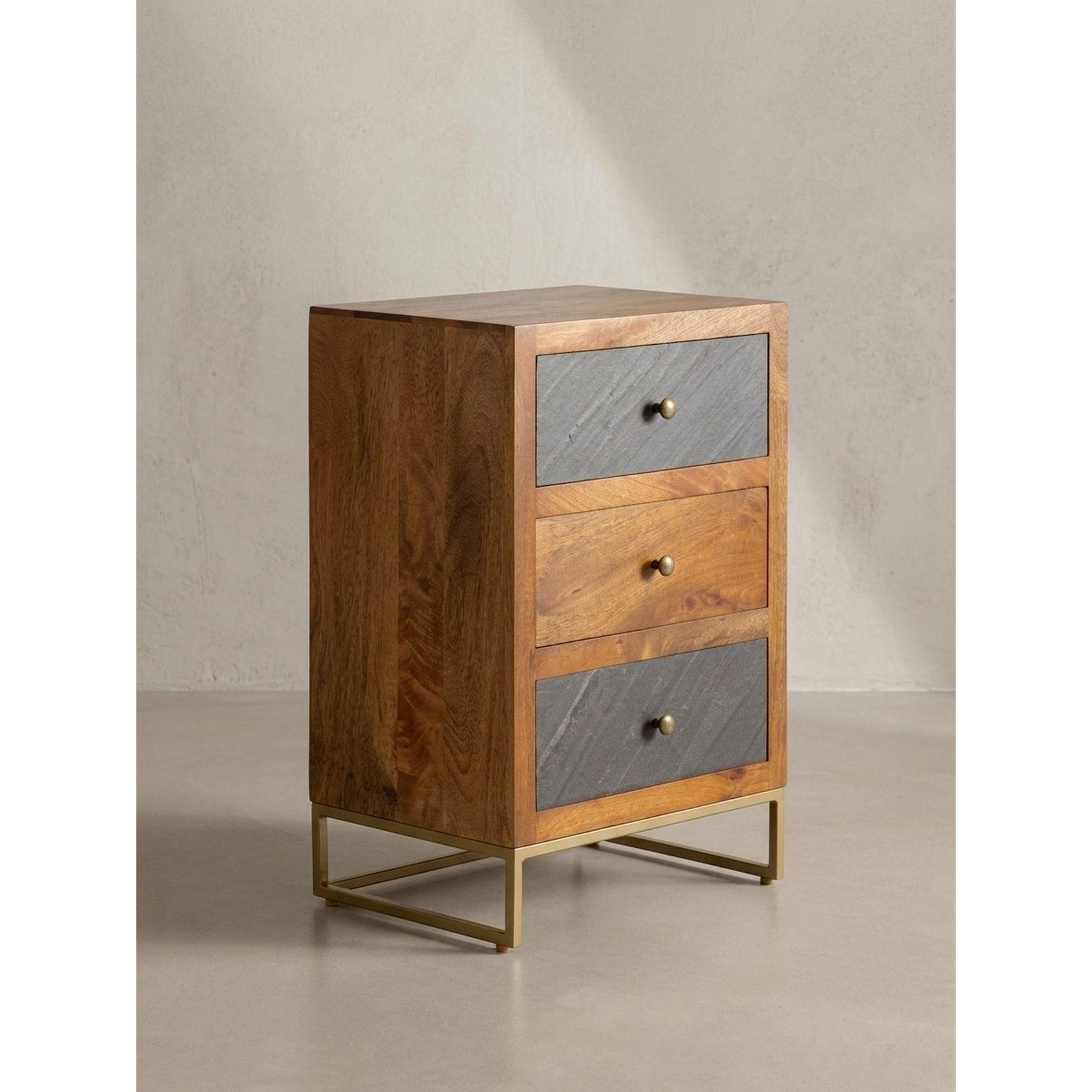 Nachttisch Massivholz Steinoptik 3 Schubladen Metallgestell, Braun 40x30x60 cm