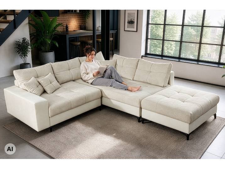 Ecksofa KENT 220cm beige Bicolor Chenille Federkern inkl. Hocker und Kissen L-Form Wohnzimmer Modern & Design