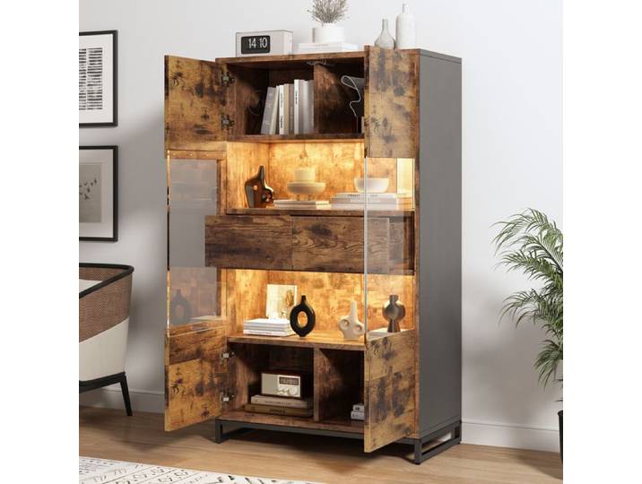 Vitrine 80x40x138 cm EVRYAE - rangement 5 niveaux LED avec contrôle par application et 2 tiroirs - Noir et bois