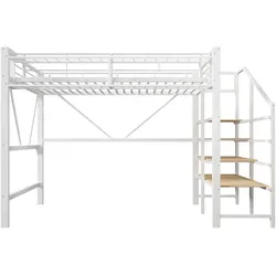 OKWISH Hochbett Metall und MDF Weiß 251,5x163x170 cm, Liegefläche 140x200 cm, mit Stufenregal, Gitterablage, Aufbewahrungskorb und LED-Licht