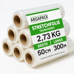 Palettenfolie Stretchfolie – 500mm × 300m -17 mm – 2,73 kg – Transparent – Handstretchfolie für Möbel & Umzug,  Palettenfolie, Handfolie, Wickelfolie,  6 Rollen