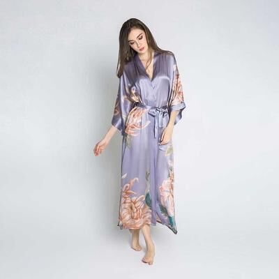 KIM + ONO Kiku Long Silk Kimono Robe   Full Length Kimono Robe - dusk / one size