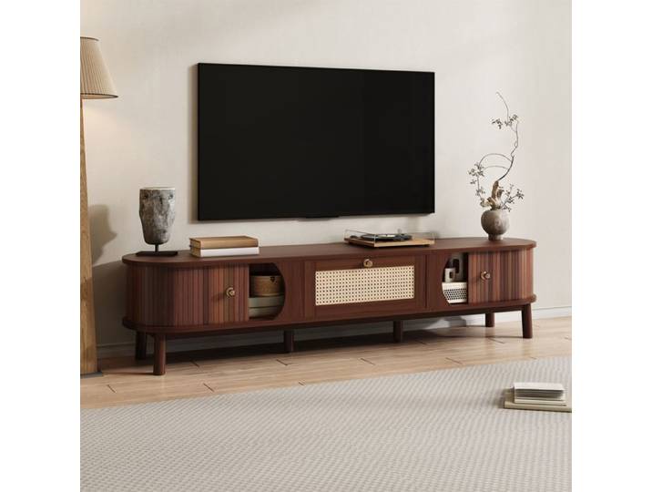 Meuble TV - Meuble TV en pin - Rotin naturel - 2 portes 1 tiroir - 170 x 39 x 38 cm