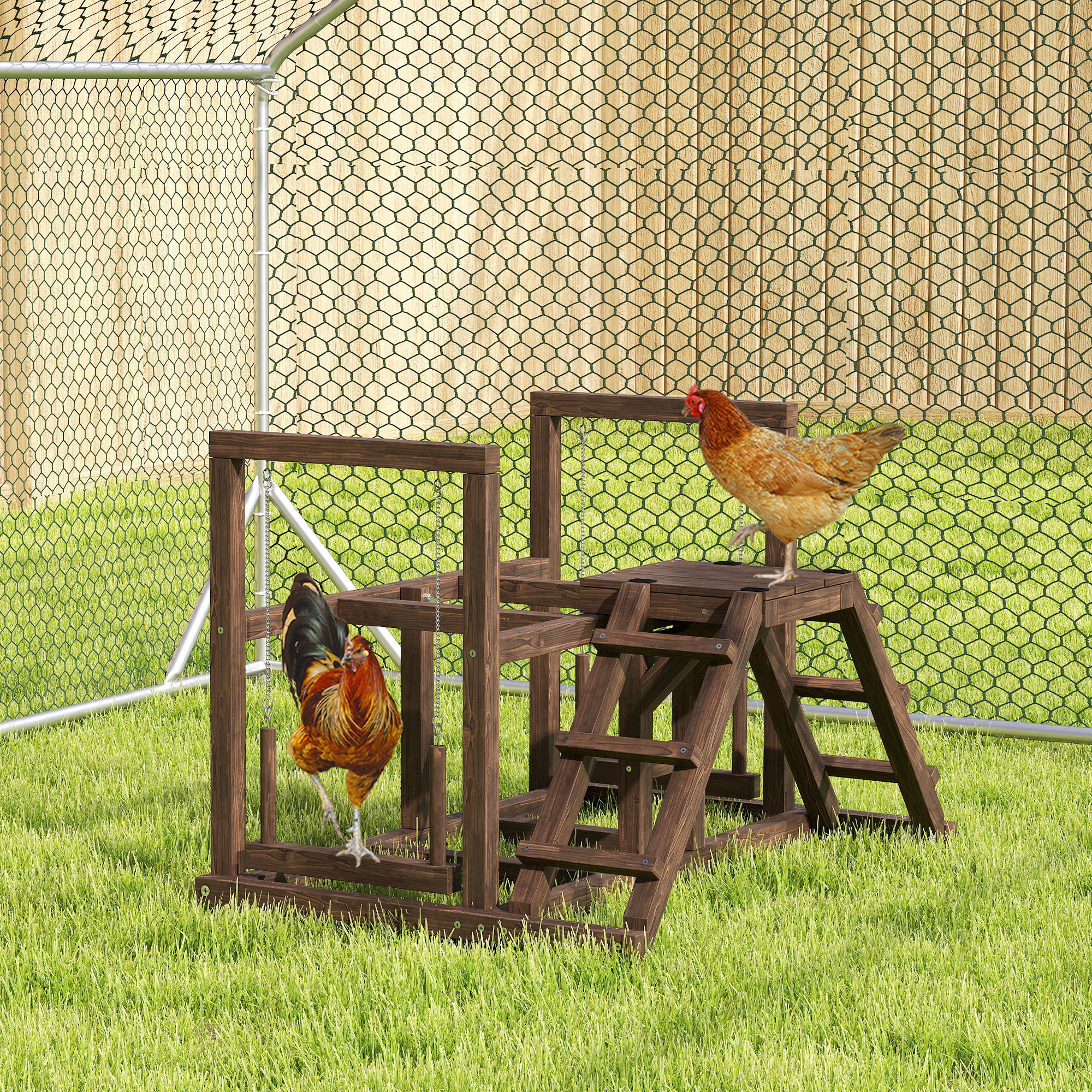 Pawhut Area giochi in legno, Posatoio in legno per galline, con altalena, scala, piattaforme, 82 x 60 x 55 cm, marrone   Aosom Italy