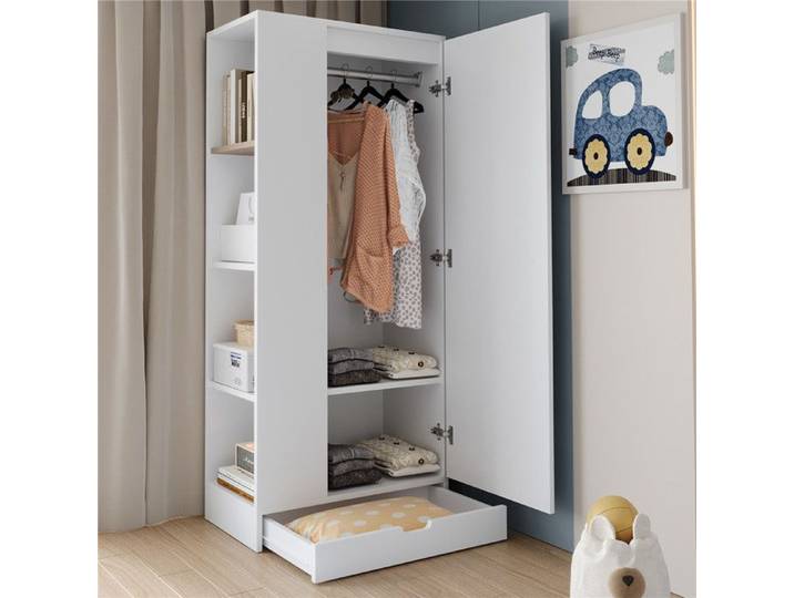 Armoire Chambre 70cm Blanche avec Étagères et Tiroirs Armoire Penderie Vetement Dressing Adulte Meuble de Rangement Chambre Bois