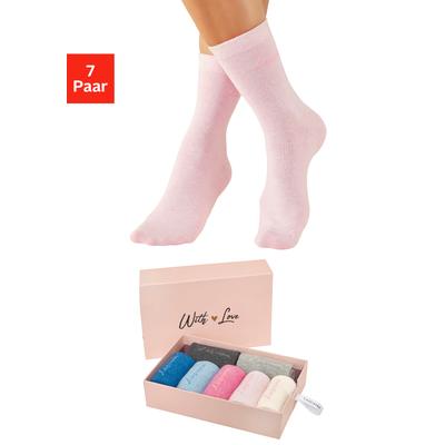 Basicsocken LASCANA "für Damen mit eingestricktem Markenlogo", Damen, Gr. 39-42, bunt (1x jeans, meliert, 1x hellblau, meliert, 1x anthrazit, meliert, 1x grau, meliert, 1x altrosa, meliert, 1x rosa, meliert, 1x ecru), Baumwollmischung, uni und...