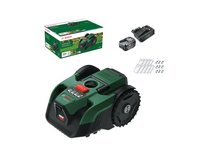 Bosch Tondeuse Robot sans-Fil VISIMOW18V-200 pour pelouses jusqu’à 200 m²\, largeur de coupe: 18 cm\, h. de coupe: 20-60 mm\, avec lames de rechange\, batterie et chargeur