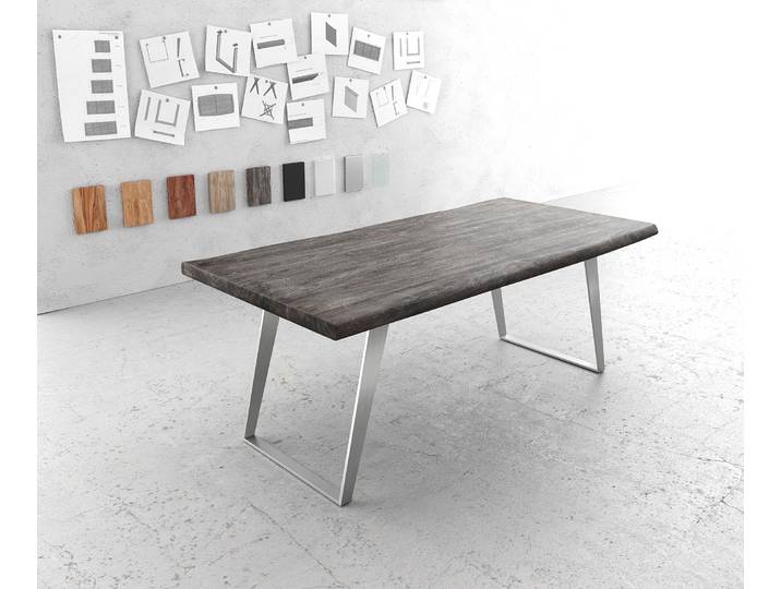 Esstisch Edge 200x100cm XL Akazie Platin Edelstahl Silber schräg Live-Edge, Esstische, Baumkantenmöbel, Massivholzmöbel, Massivholz