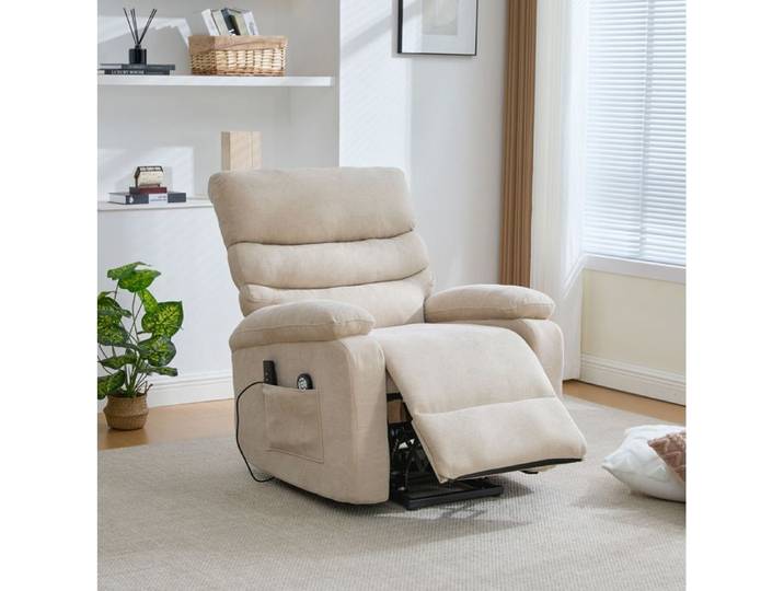 Fauteuil releveur électrique massant EVRYAE avec chauffage chenille kaki clair dossier et repose-pieds réglables