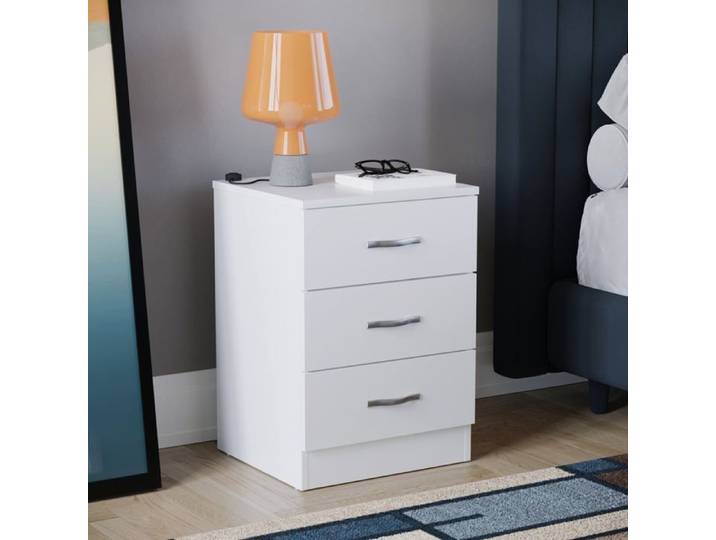 Riano Table de Chevet 3 Tiroirs Blanc Cabinet Commode Meuble de Chambre Moderne