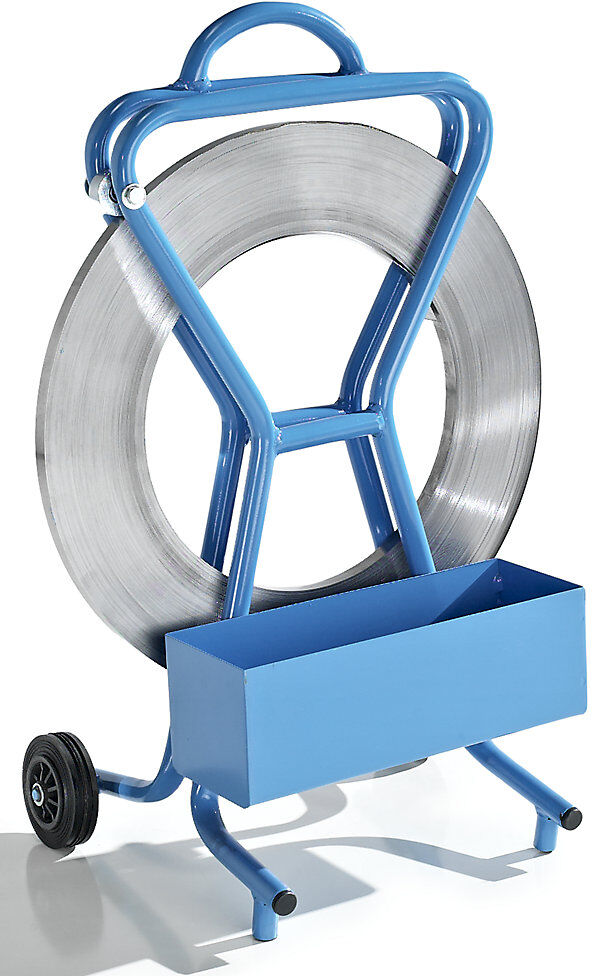 kaiserkraft Bandabroller für Stahlband, für Spezialspule, Bandbreite 16 mm, fahrbar, mit Ablagefach